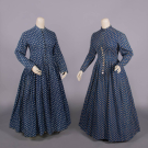 TWO BLUE COTTON RESIST DYED HOUSE OR DAY DRESSES, 1870-1880s
