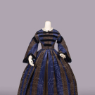 BLUE &amp; BROWN STRIPED MOIRE GOWN, c. 1854