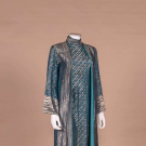 TEAL LAME HOSTESS GOWN, MID 20TH C