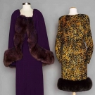 TWO AMERICAN DESIGNER FOX TRIMMED DRESSES, 1970-1985
