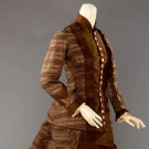 BROWN STRIPED SILK BUSTLE DRESS, 1870s