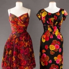 TWO RED FLORAL PARTY DRESSES, 1950s
