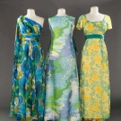 THREE BLUE OR YELLOW PRINT SUMMER GOWNS, 1960-1970s