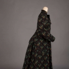 PRINTED WOOL AT HOME BUSTLE DRESS, 1880s