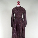 PRINTED PLUM CALICO DAY DRESS, 1860s