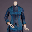 PRUSSIAN BLUE FAILLE &amp; PATTERNED SILK DAY DRESS, c. 1878