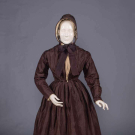 BROWN SILK TAFFETA DAY DRESS &amp; BRIMMED BONNET, 1840s
