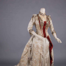 PATTERNED SILK &amp; VELVET EVENING GOWN, c. 1888