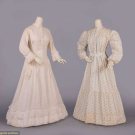 TWO FLORAL SPRIG PRINTED AT-HOME DRESSES, LATE 1880s-1892